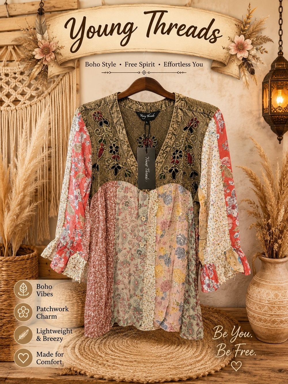 350.  Young Threads Boho Patchwork Tunic in Olive, Pink & Cream